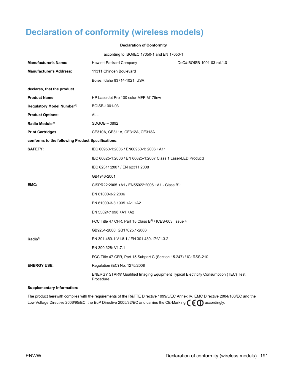 Declaration of conformity (wireless models) | HP LaserJet Pro 100 color MFP M175nw User Manual | Page 205 / 220