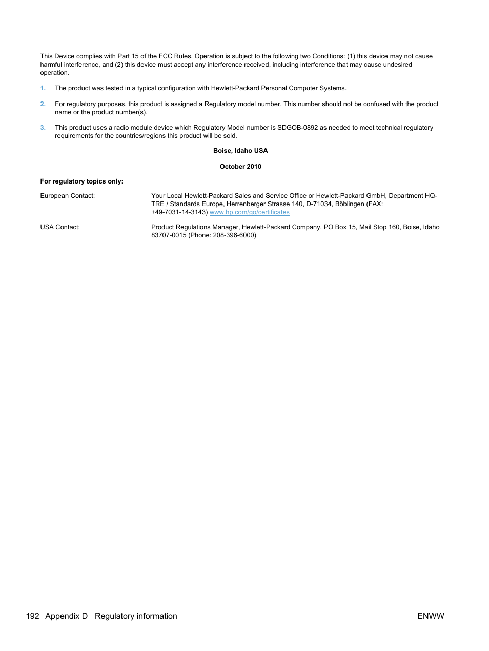 192 appendix d regulatory information enww | HP LaserJet Pro 100 color MFP M175nw User Manual | Page 206 / 220