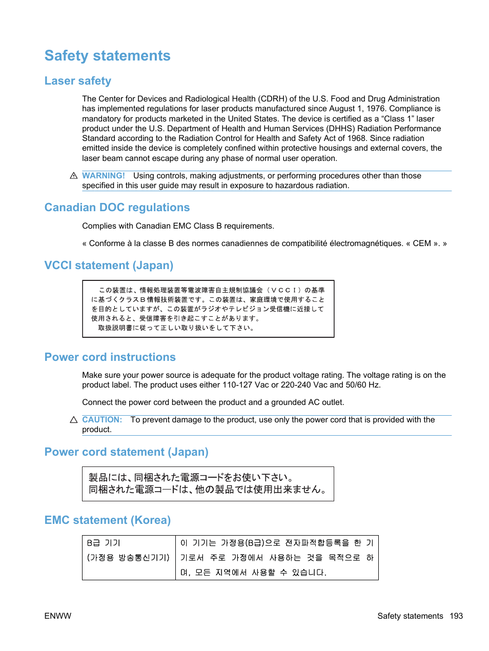 Safety statements, Laser safety, Canadian doc regulations | Vcci statement (japan), Power cord instructions, Power cord statement (japan), Emc statement (korea), Vcci statement (japan) power cord instructions, Power cord statement (japan) emc statement (korea) | HP LaserJet Pro 100 color MFP M175nw User Manual | Page 207 / 220
