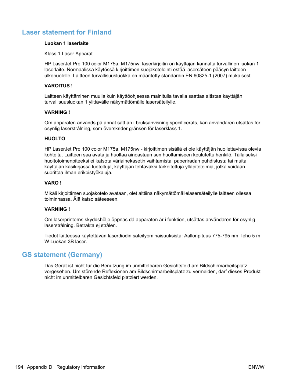 Laser statement for finland, Gs statement (germany), Laser statement for finland gs statement (germany) | HP LaserJet Pro 100 color MFP M175nw User Manual | Page 208 / 220