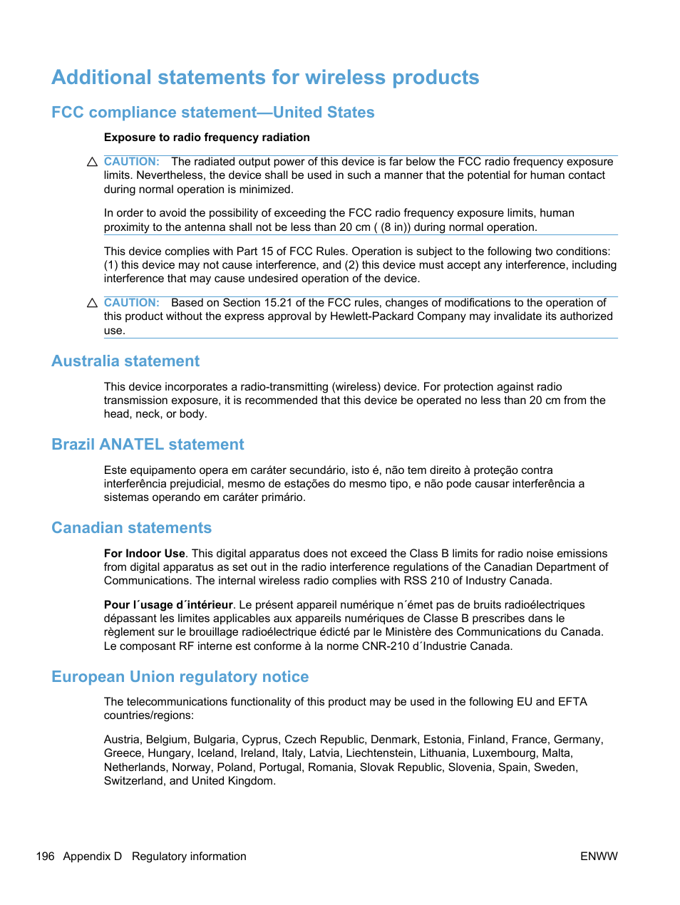 Additional statements for wireless products, Fcc compliance statement—united states, Australia statement | Brazil anatel statement, Canadian statements, European union regulatory notice | HP LaserJet Pro 100 color MFP M175nw User Manual | Page 210 / 220