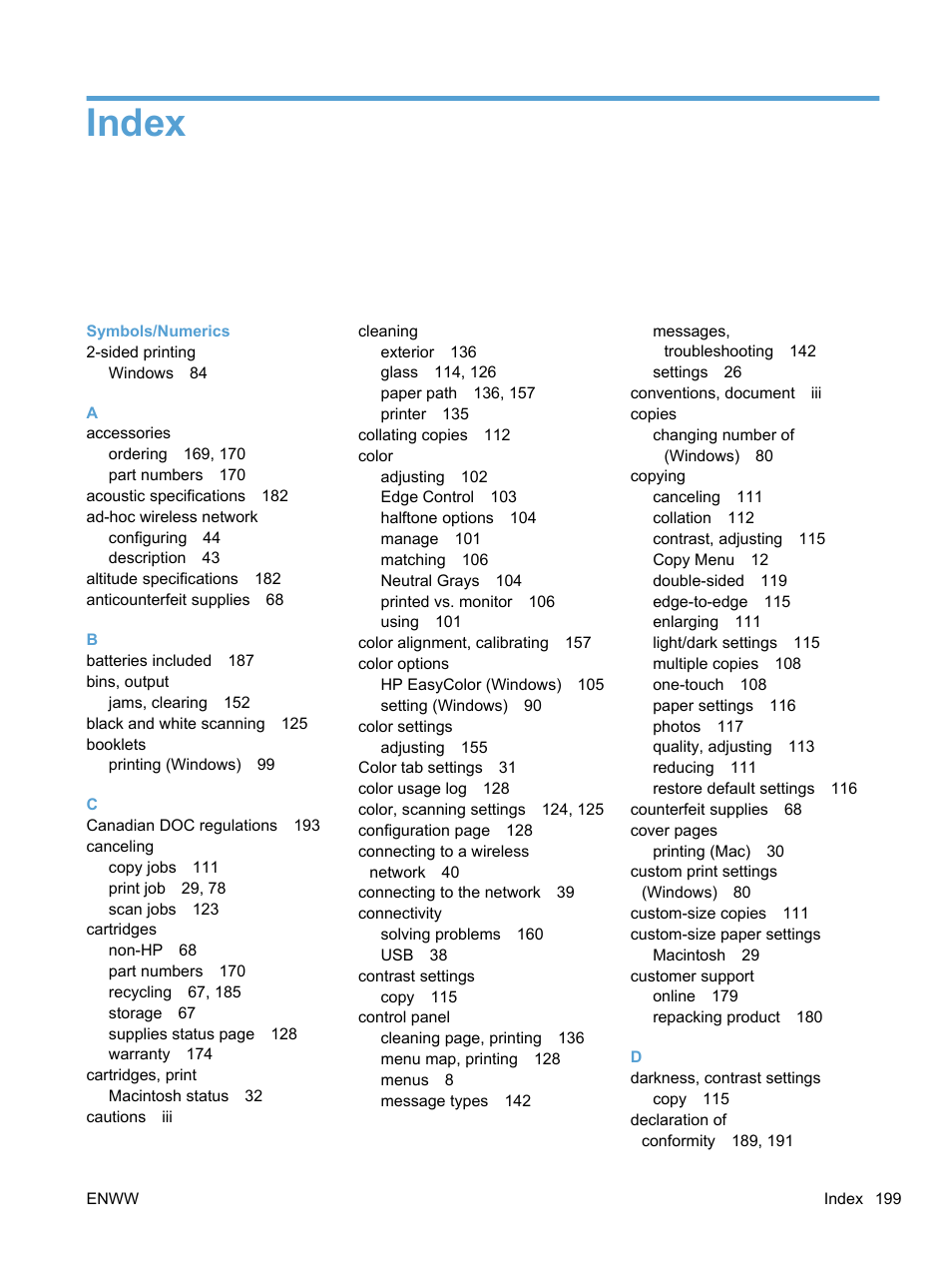 Index | HP LaserJet Pro 100 color MFP M175nw User Manual | Page 213 / 220