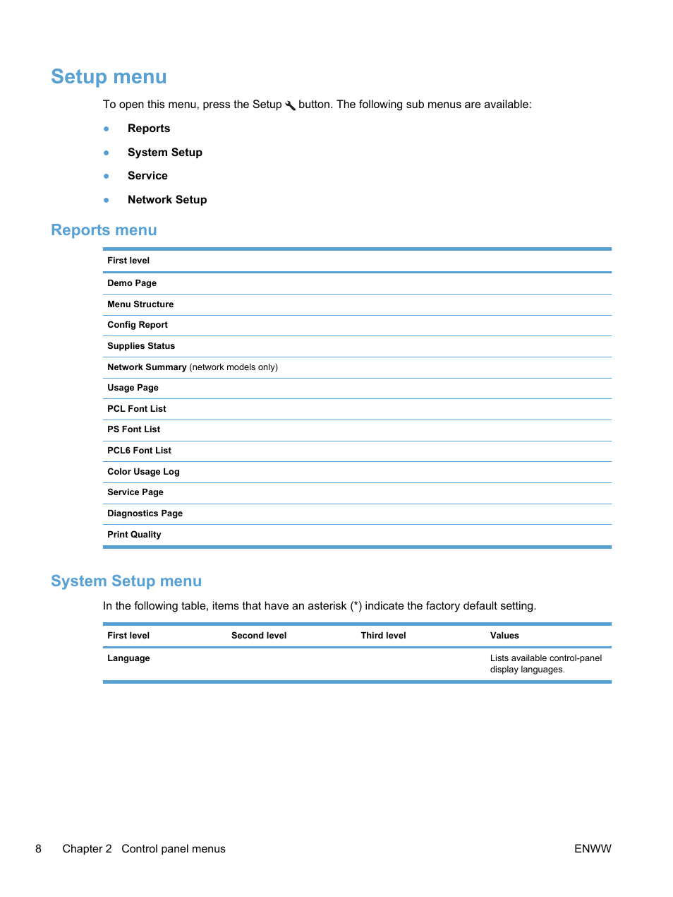 Setup menu, Reports menu, System setup menu | Reports menu system setup menu | HP LaserJet Pro 100 color MFP M175nw User Manual | Page 22 / 220