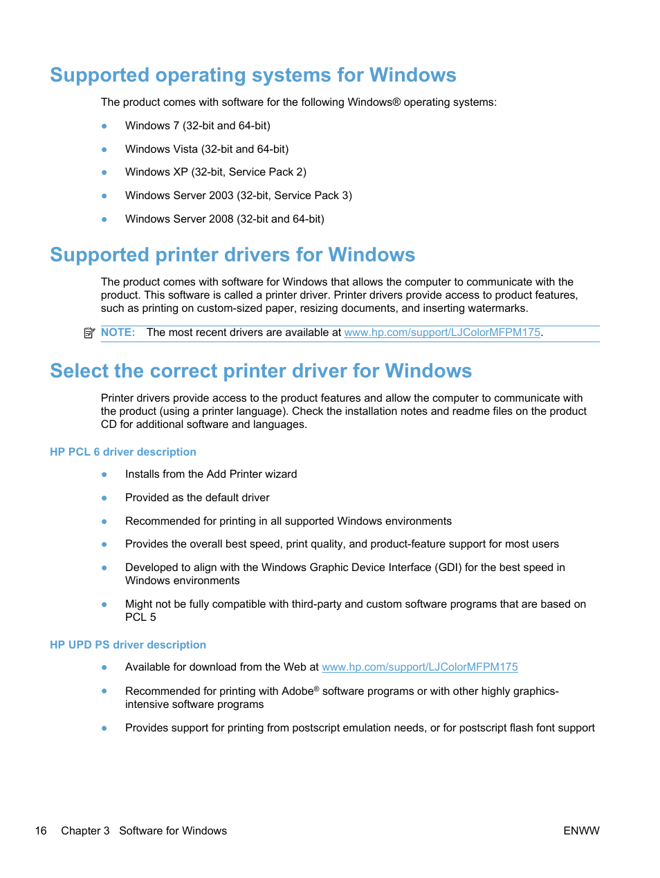 Supported operating systems for windows, Supported printer drivers for windows, Select the correct printer driver for windows | HP LaserJet Pro 100 color MFP M175nw User Manual | Page 30 / 220