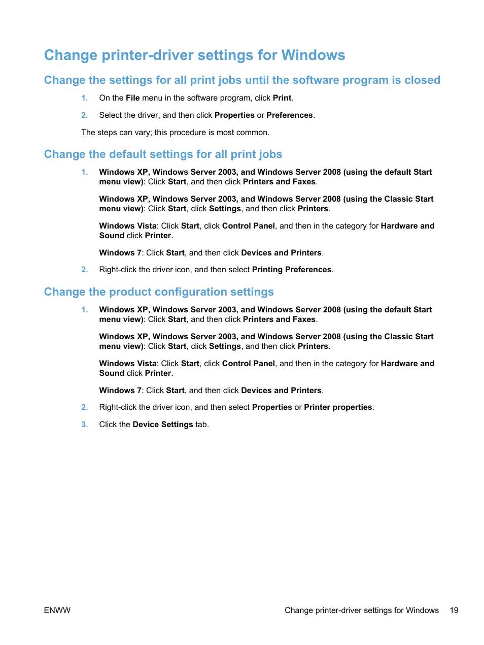 Change printer-driver settings for windows, Change the default settings for all print jobs, Change the product configuration settings | HP LaserJet Pro 100 color MFP M175nw User Manual | Page 33 / 220