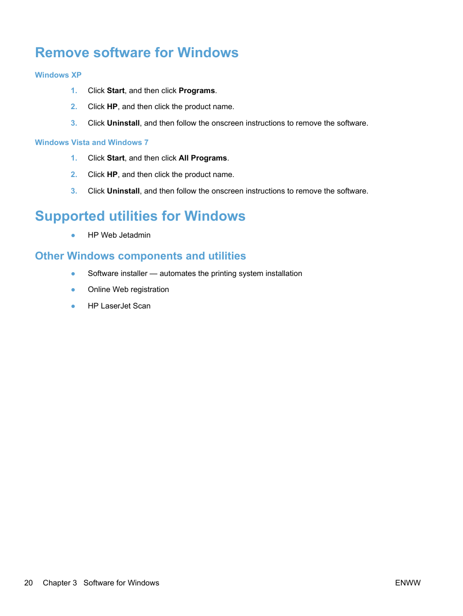 Remove software for windows, Supported utilities for windows, Other windows components and utilities | HP LaserJet Pro 100 color MFP M175nw User Manual | Page 34 / 220