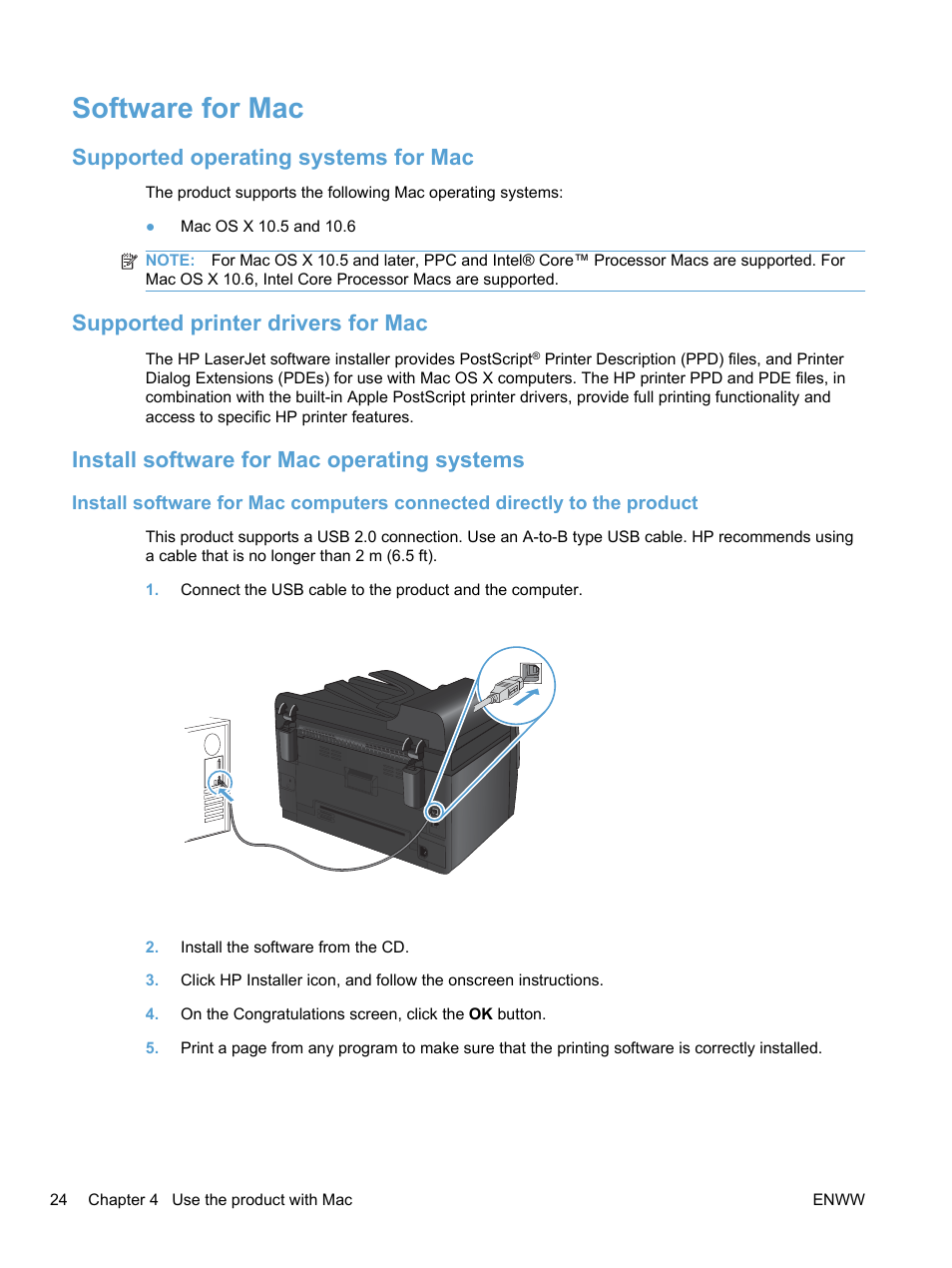 Software for mac, Supported operating systems for mac, Supported printer drivers for mac | Install software for mac operating systems | HP LaserJet Pro 100 color MFP M175nw User Manual | Page 38 / 220