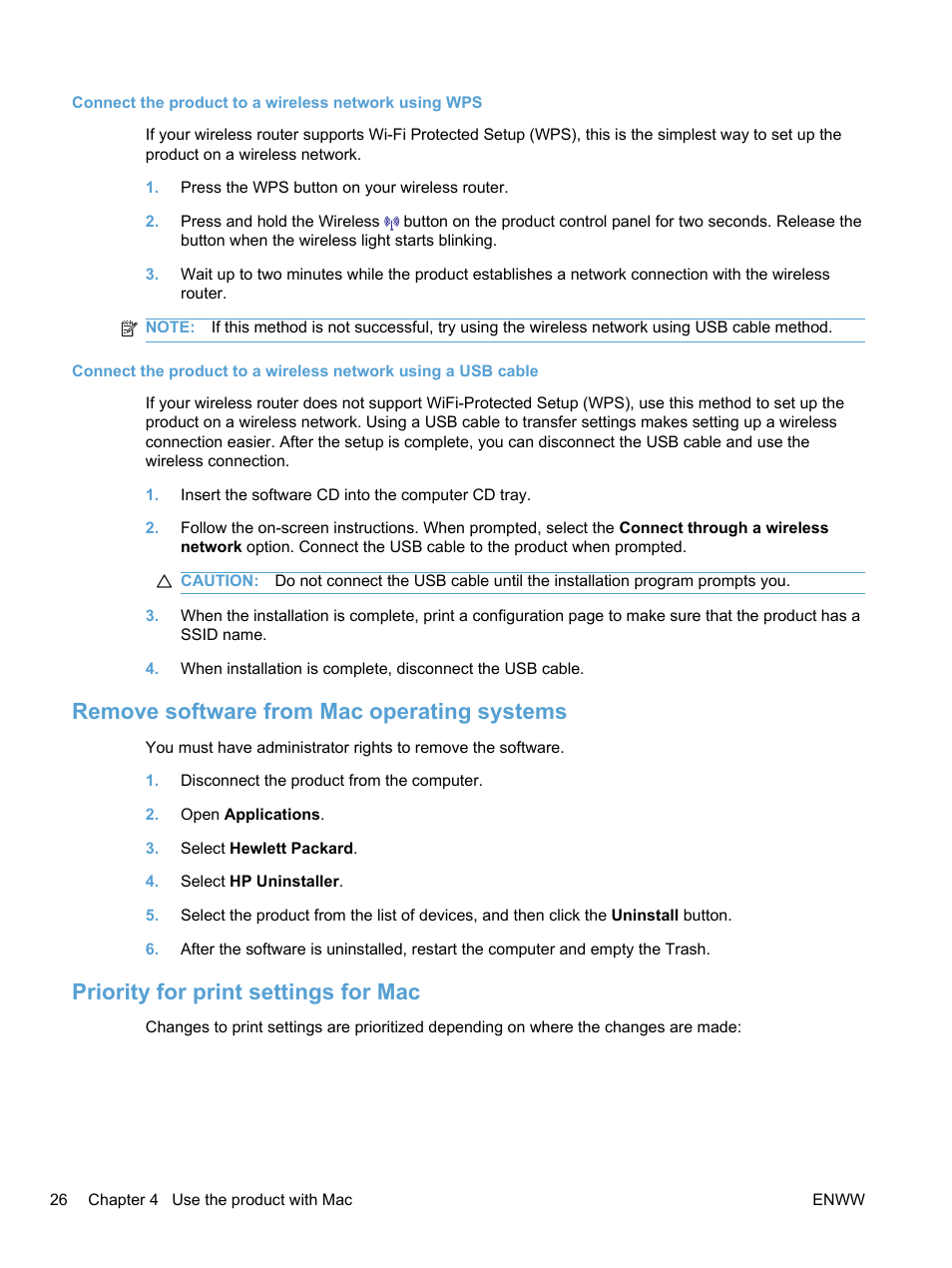 Remove software from mac operating systems, Priority for print settings for mac | HP LaserJet Pro 100 color MFP M175nw User Manual | Page 40 / 220