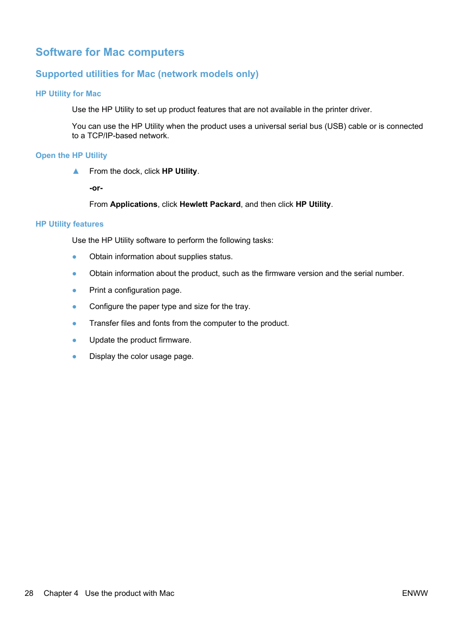 Software for mac computers, Supported utilities for mac (network models only), Hp utility for mac | Open the hp utility, Hp utility features | HP LaserJet Pro 100 color MFP M175nw User Manual | Page 42 / 220