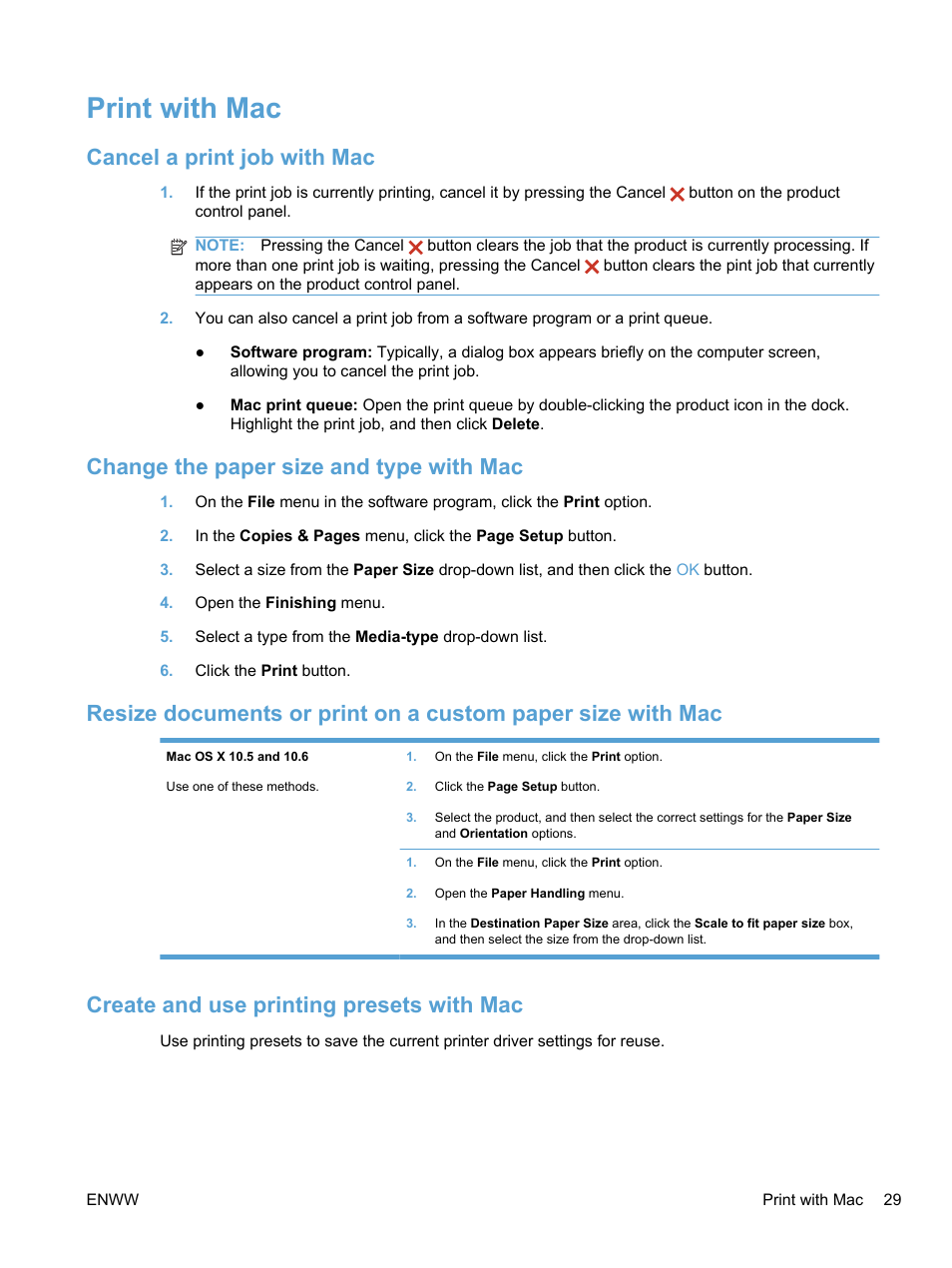 Print with mac, Cancel a print job with mac, Change the paper size and type with mac | Create and use printing presets with mac | HP LaserJet Pro 100 color MFP M175nw User Manual | Page 43 / 220