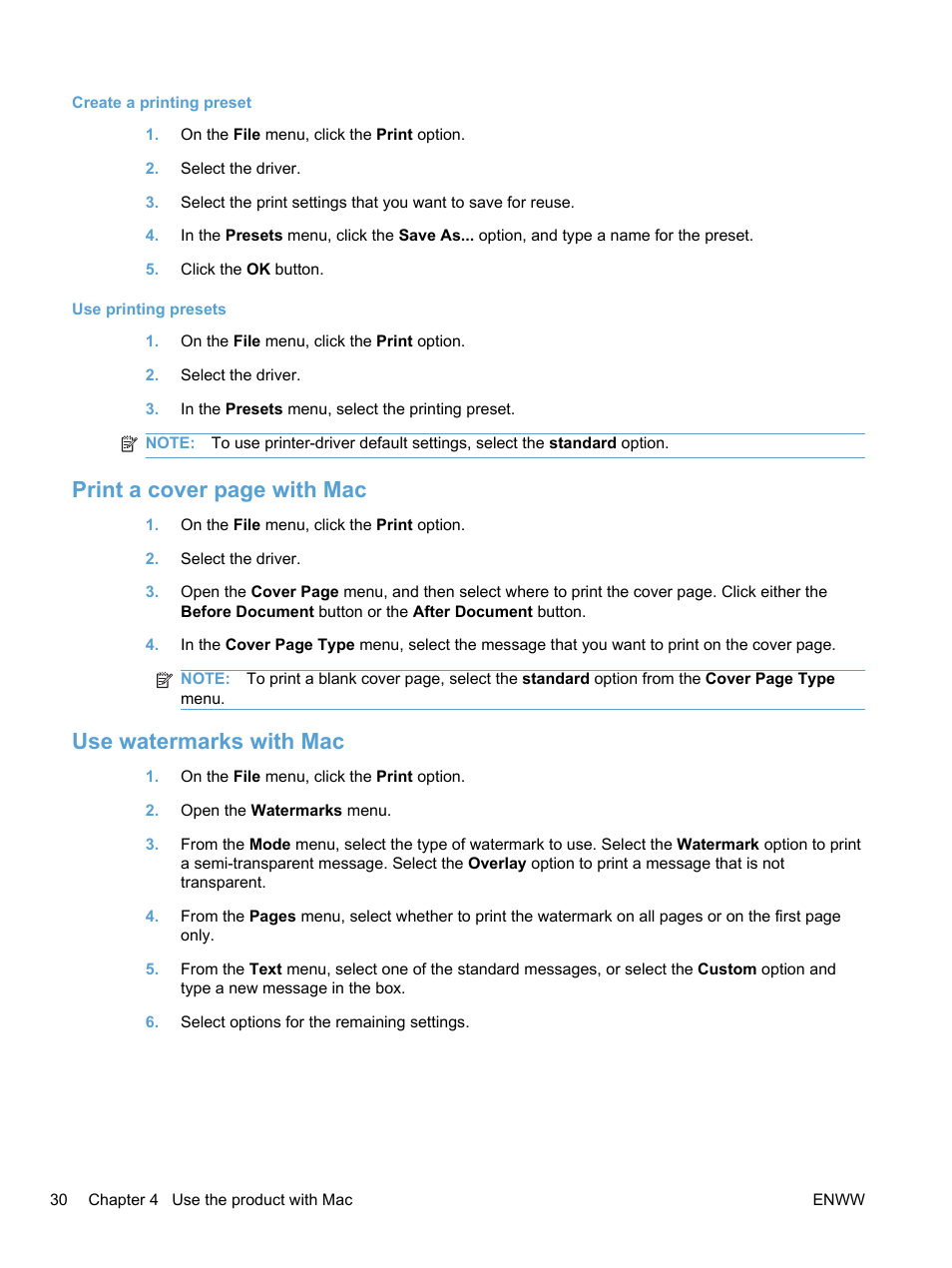 Use watermarks with mac, Print a cover page with mac | HP LaserJet Pro 100 color MFP M175nw User Manual | Page 44 / 220