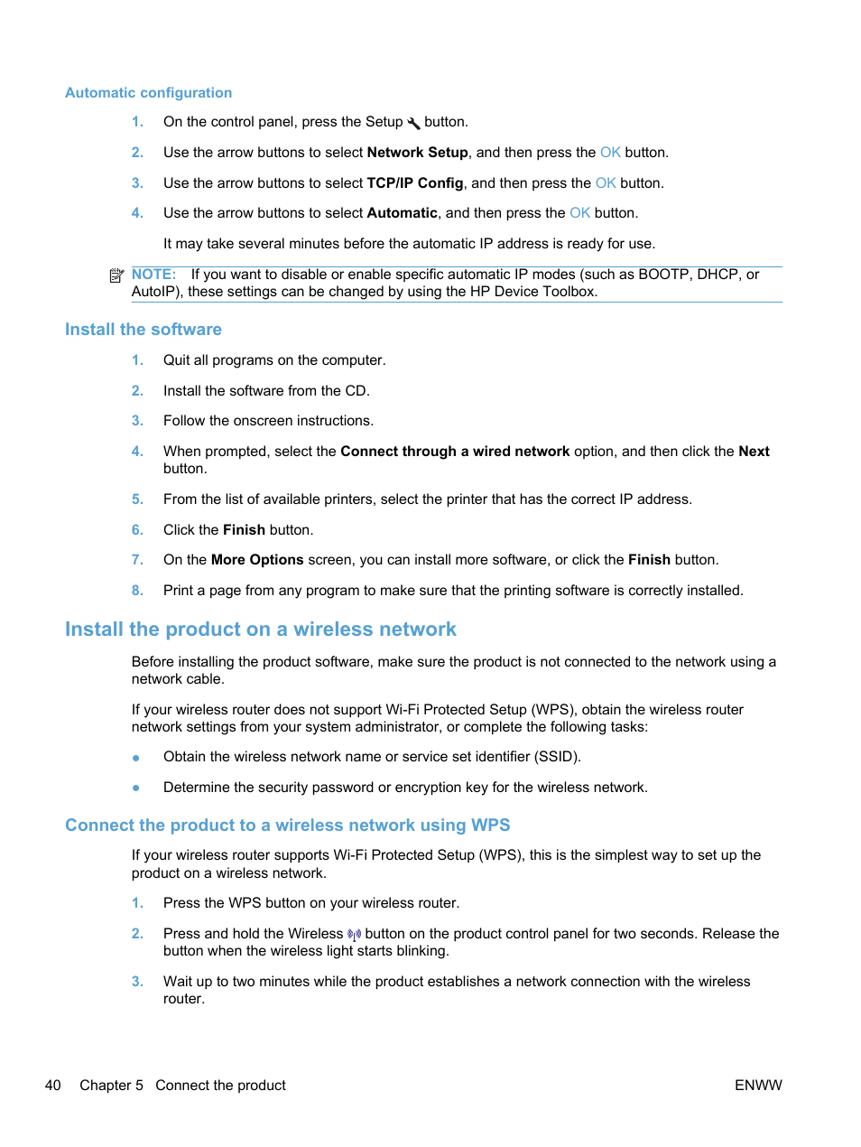 Automatic configuration, Install the software, Install the product on a wireless network | HP LaserJet Pro 100 color MFP M175nw User Manual | Page 54 / 220