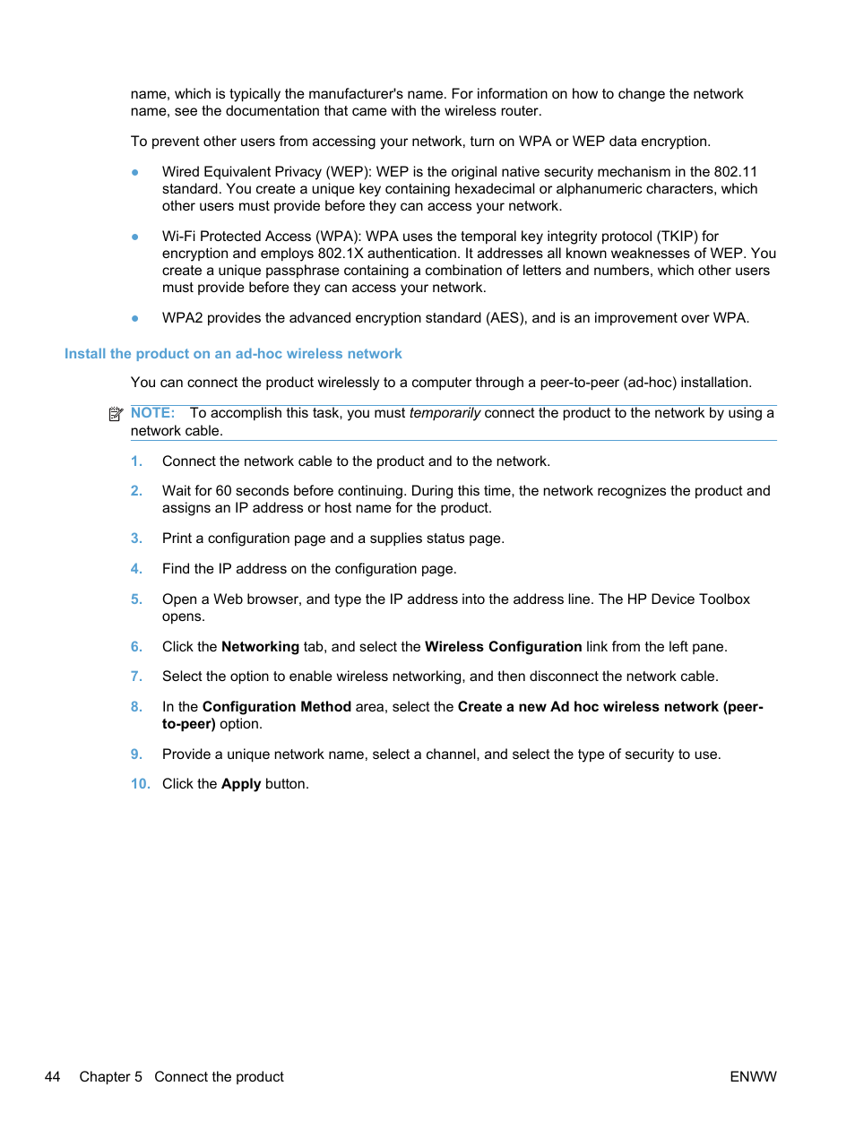Install the product on an ad-hoc wireless network | HP LaserJet Pro 100 color MFP M175nw User Manual | Page 58 / 220