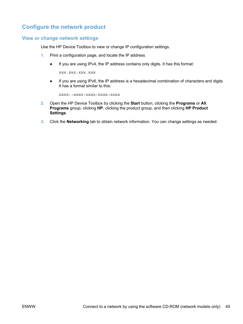 Configure the network product, View or change network settings | HP LaserJet Pro 100 color MFP M175nw User Manual | Page 59 / 220