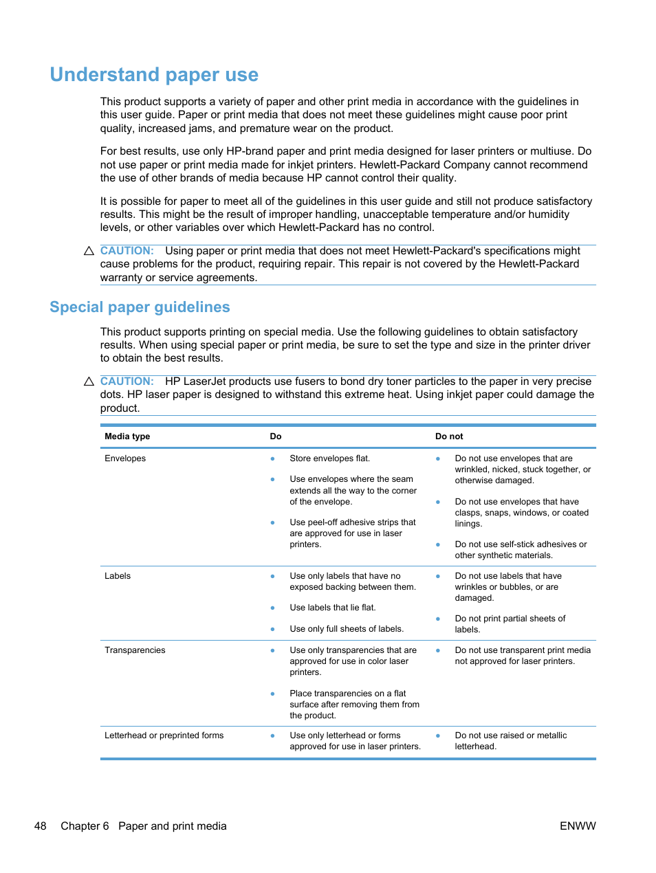 Understand paper use, Special paper guidelines | HP LaserJet Pro 100 color MFP M175nw User Manual | Page 62 / 220