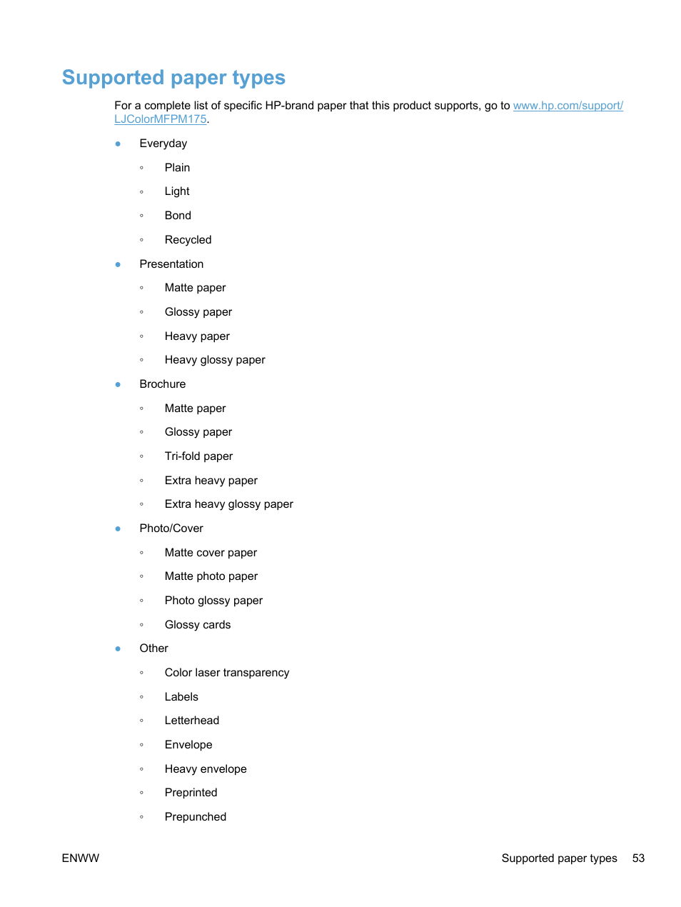 Supported paper types | HP LaserJet Pro 100 color MFP M175nw User Manual | Page 67 / 220