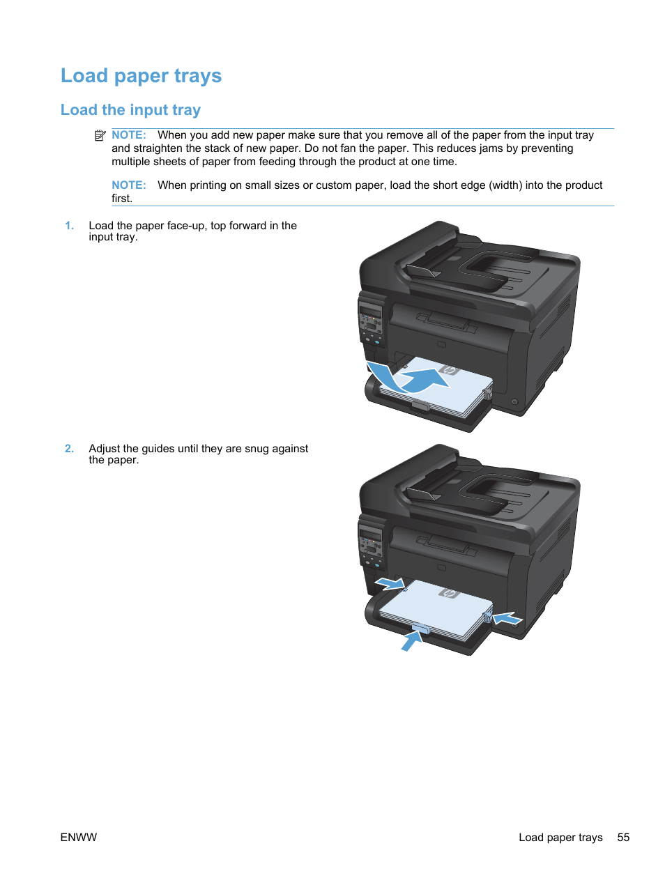 Load paper trays, Load the input tray | HP LaserJet Pro 100 color MFP M175nw User Manual | Page 69 / 220