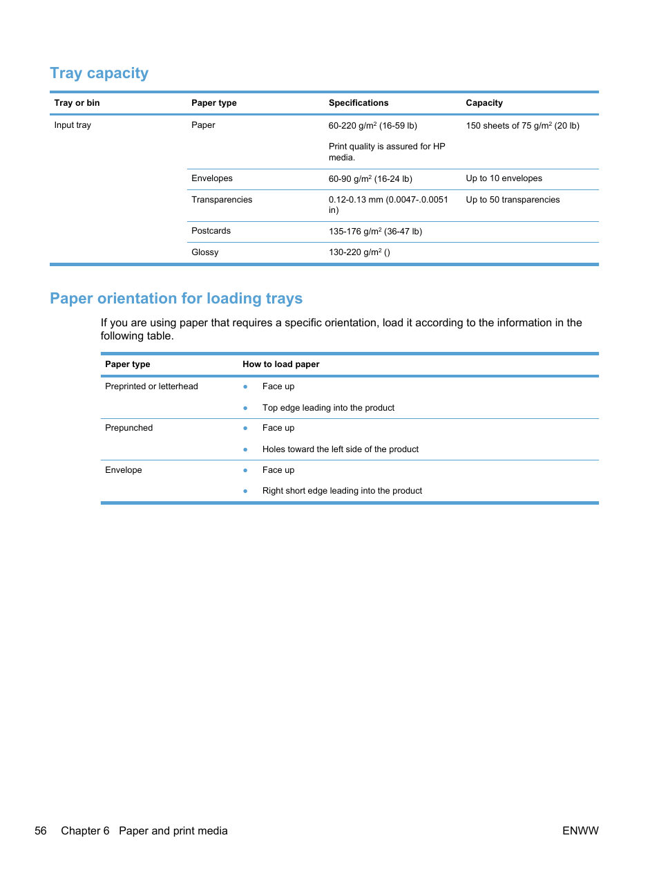 Tray capacity, Paper orientation for loading trays, 56 chapter 6 paper and print media enww | HP LaserJet Pro 100 color MFP M175nw User Manual | Page 70 / 220
