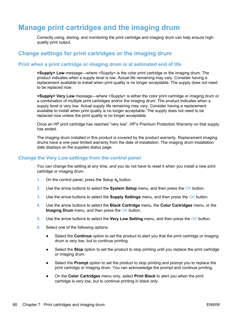 Manage print cartridges and the imaging drum | HP LaserJet Pro 100 color MFP M175nw User Manual | Page 74 / 220