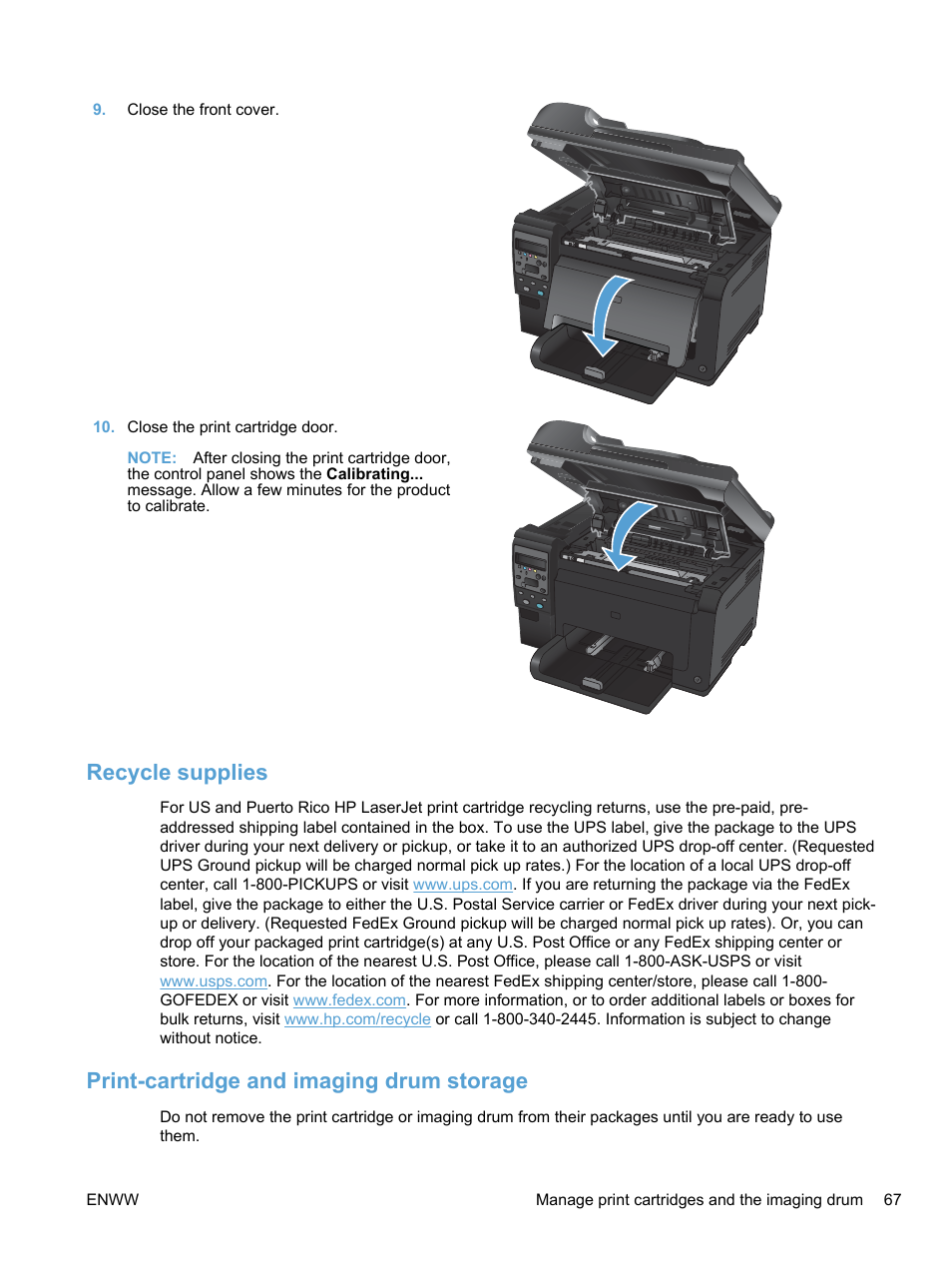 Recycle supplies, Print-cartridge and imaging drum storage | HP LaserJet Pro 100 color MFP M175nw User Manual | Page 81 / 220