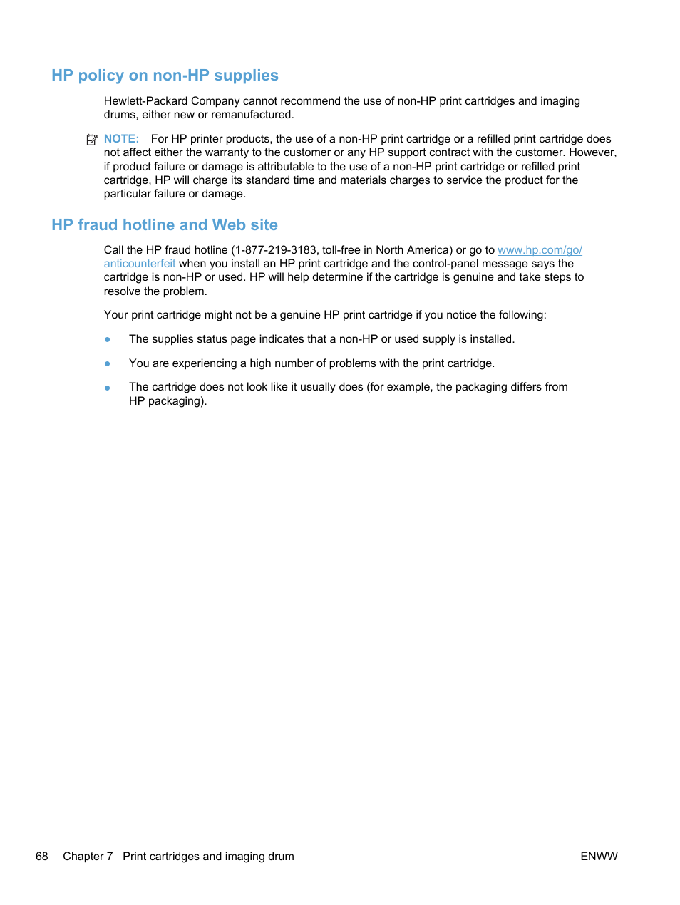 Hp policy on non-hp supplies, Hp fraud hotline and web site | HP LaserJet Pro 100 color MFP M175nw User Manual | Page 82 / 220