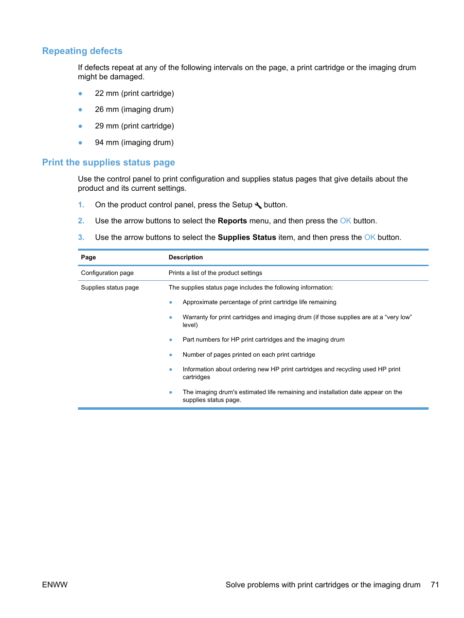 Repeating defects, Print the supplies status page | HP LaserJet Pro 100 color MFP M175nw User Manual | Page 85 / 220