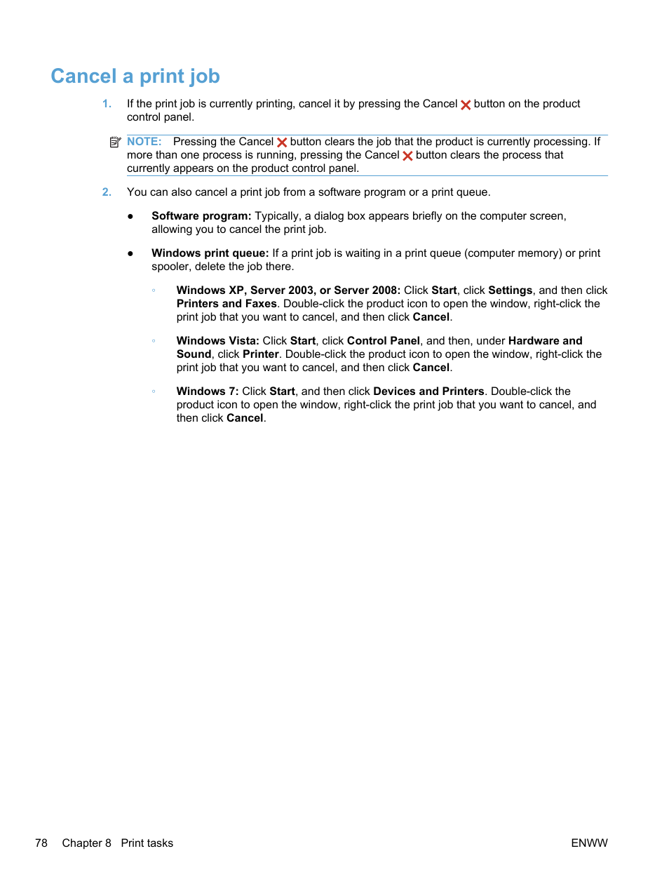 Cancel a print job | HP LaserJet Pro 100 color MFP M175nw User Manual | Page 92 / 220