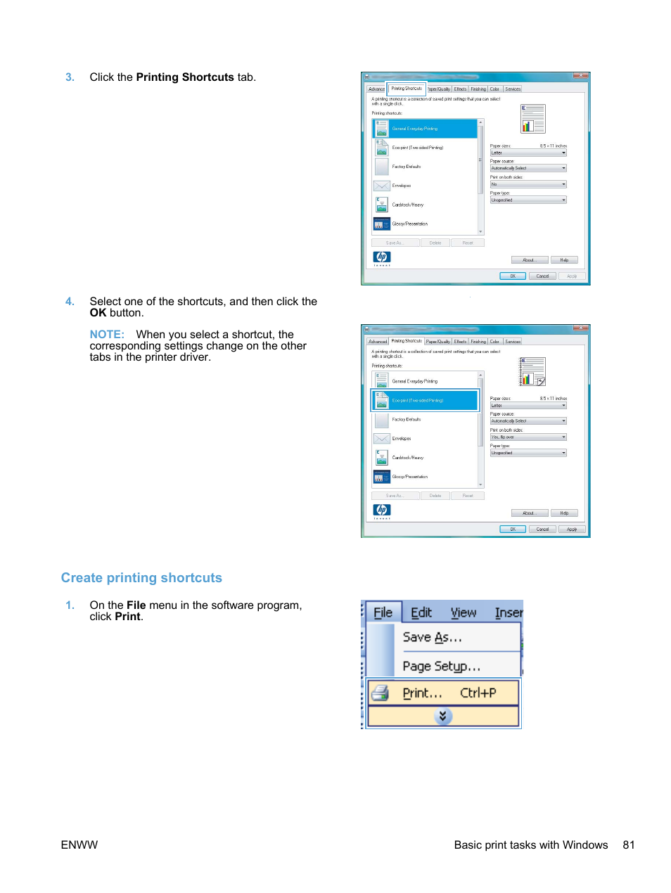 Create printing shortcuts | HP LaserJet Pro 100 color MFP M175nw User Manual | Page 95 / 220