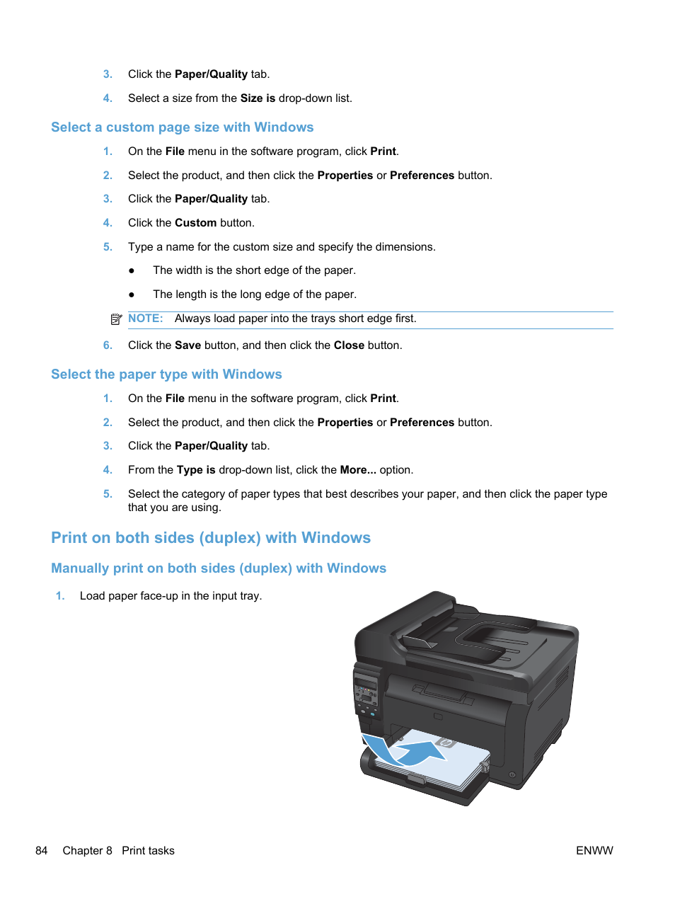 Select the paper type with windows, Print on both sides (duplex) with windows, Manually print on both sides (duplex) with windows | HP LaserJet Pro 100 color MFP M175nw User Manual | Page 98 / 220