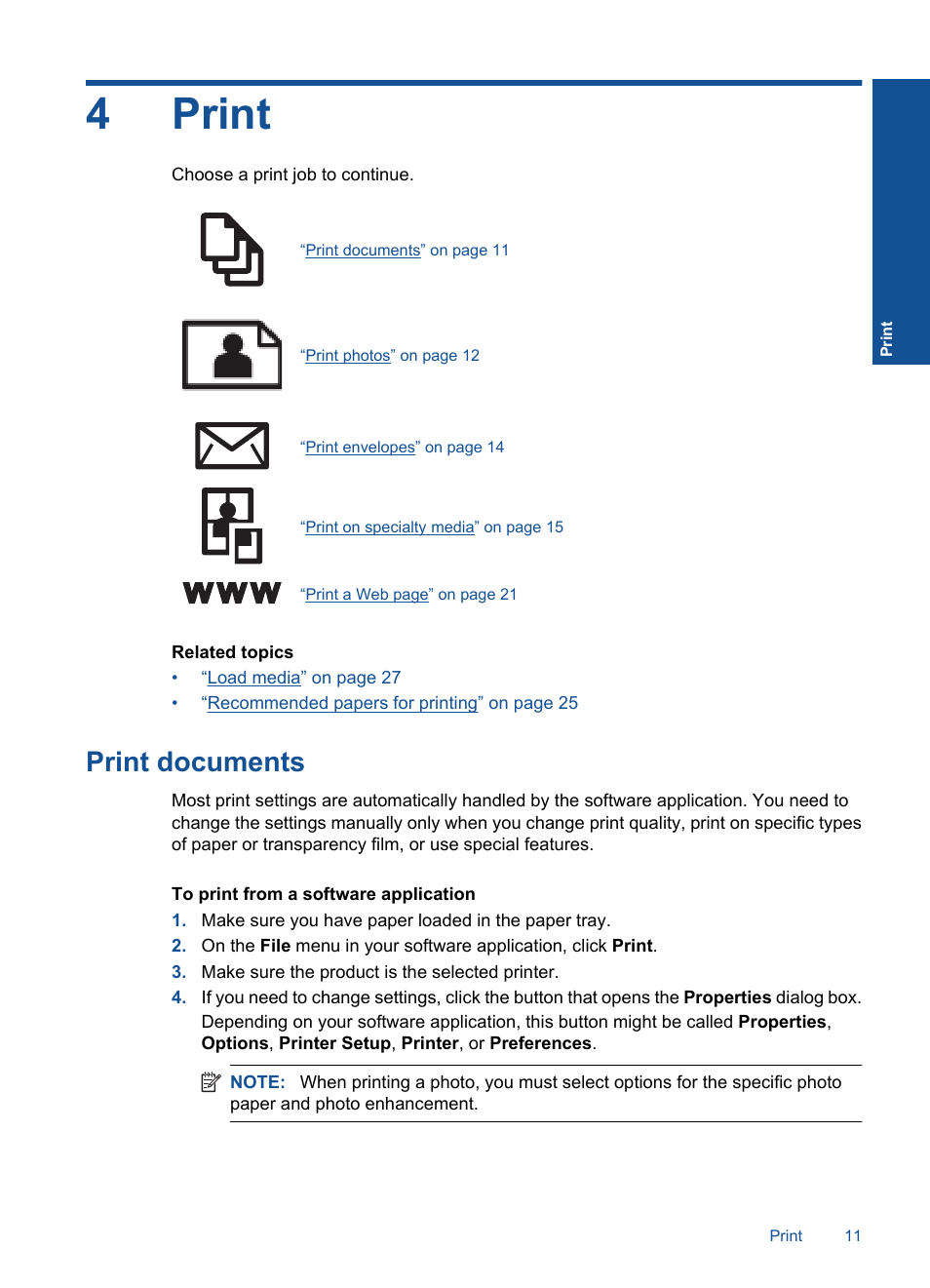 Print, Print documents, 4 print | 4print | HP Deskjet F4580 All-in-One Printer User Manual | Page 14 / 77