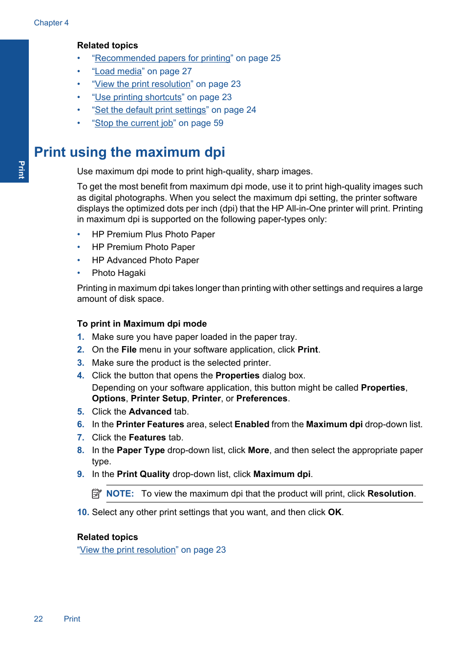 Print, Print using the maximum dpi | HP Deskjet F4580 All-in-One Printer User Manual | Page 25 / 77