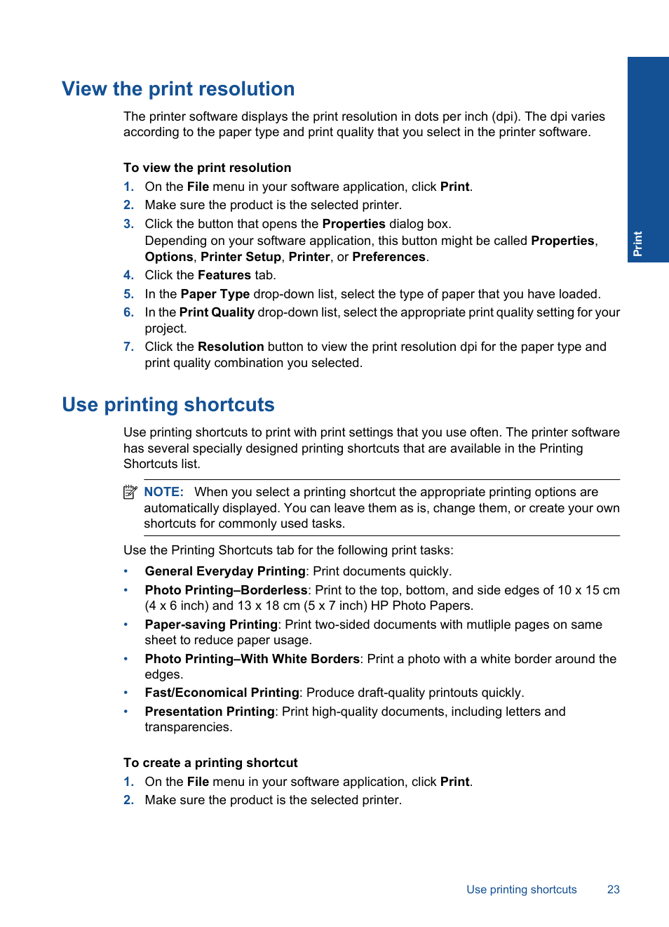 View the print resolution, Use printing shortcuts | HP Deskjet F4580 All-in-One Printer User Manual | Page 26 / 77
