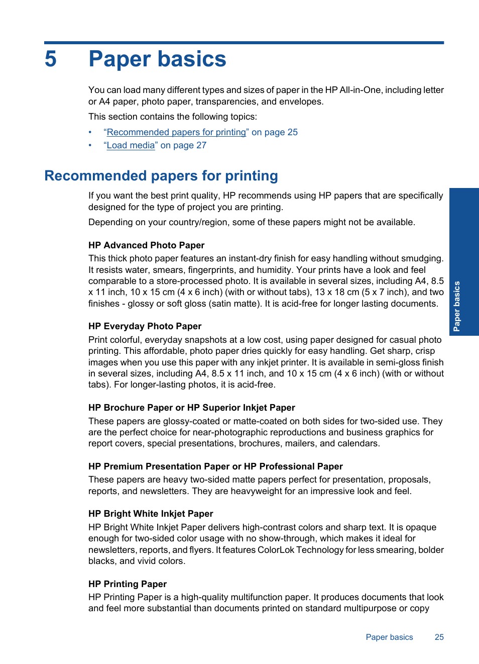 5paper basics, Recommended papers for printing | HP Deskjet F4580 All-in-One Printer User Manual | Page 28 / 77