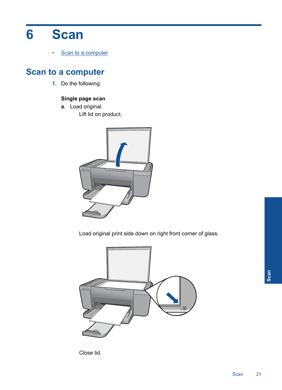 Scan, Scan to a computer, 6 scan | 6scan | HP Deskjet F4580 All-in-One Printer User Manual | Page 34 / 77