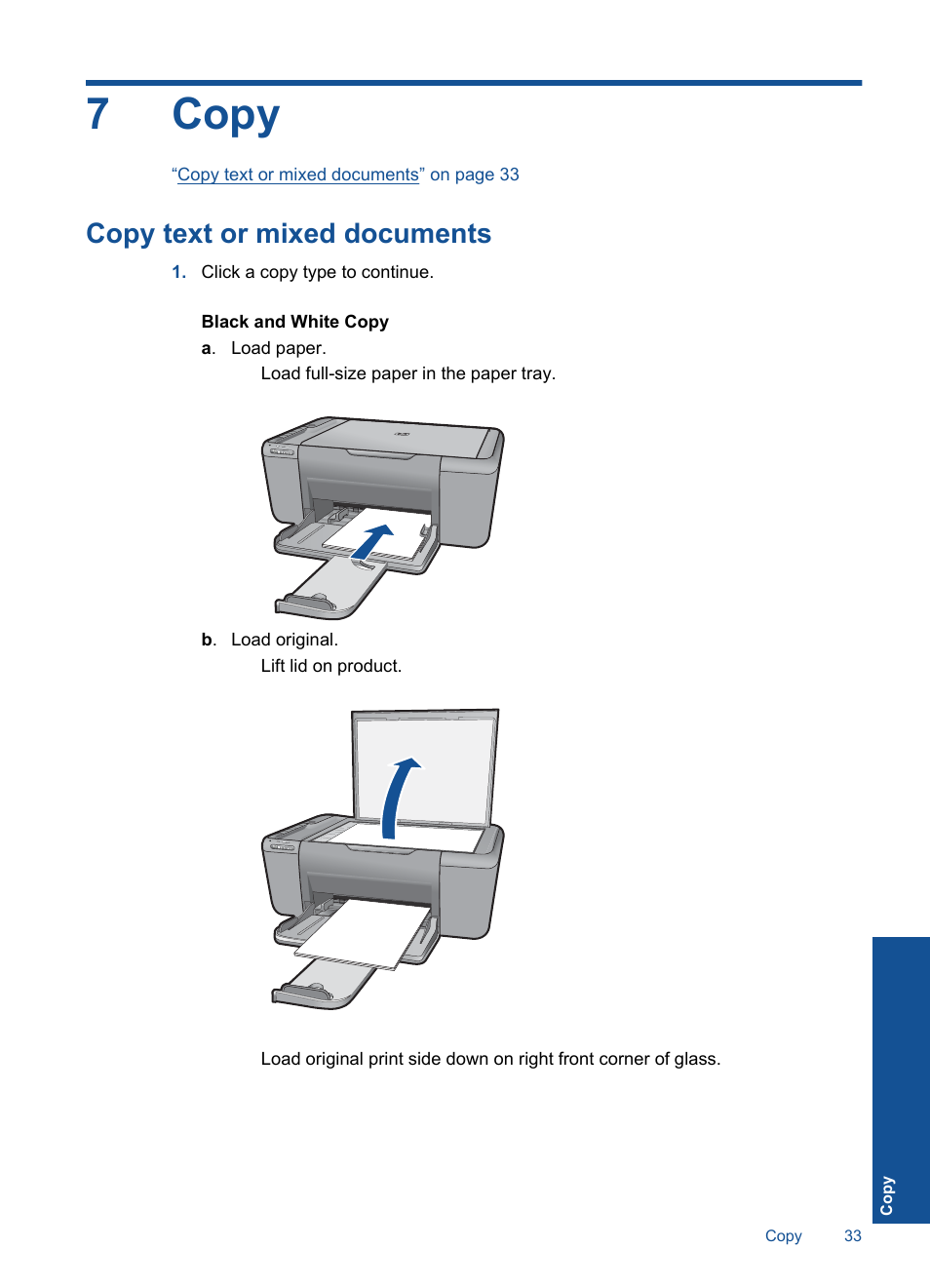 Copy, Copy text or mixed documents, 7 copy | 7copy | HP Deskjet F4580 All-in-One Printer User Manual | Page 36 / 77