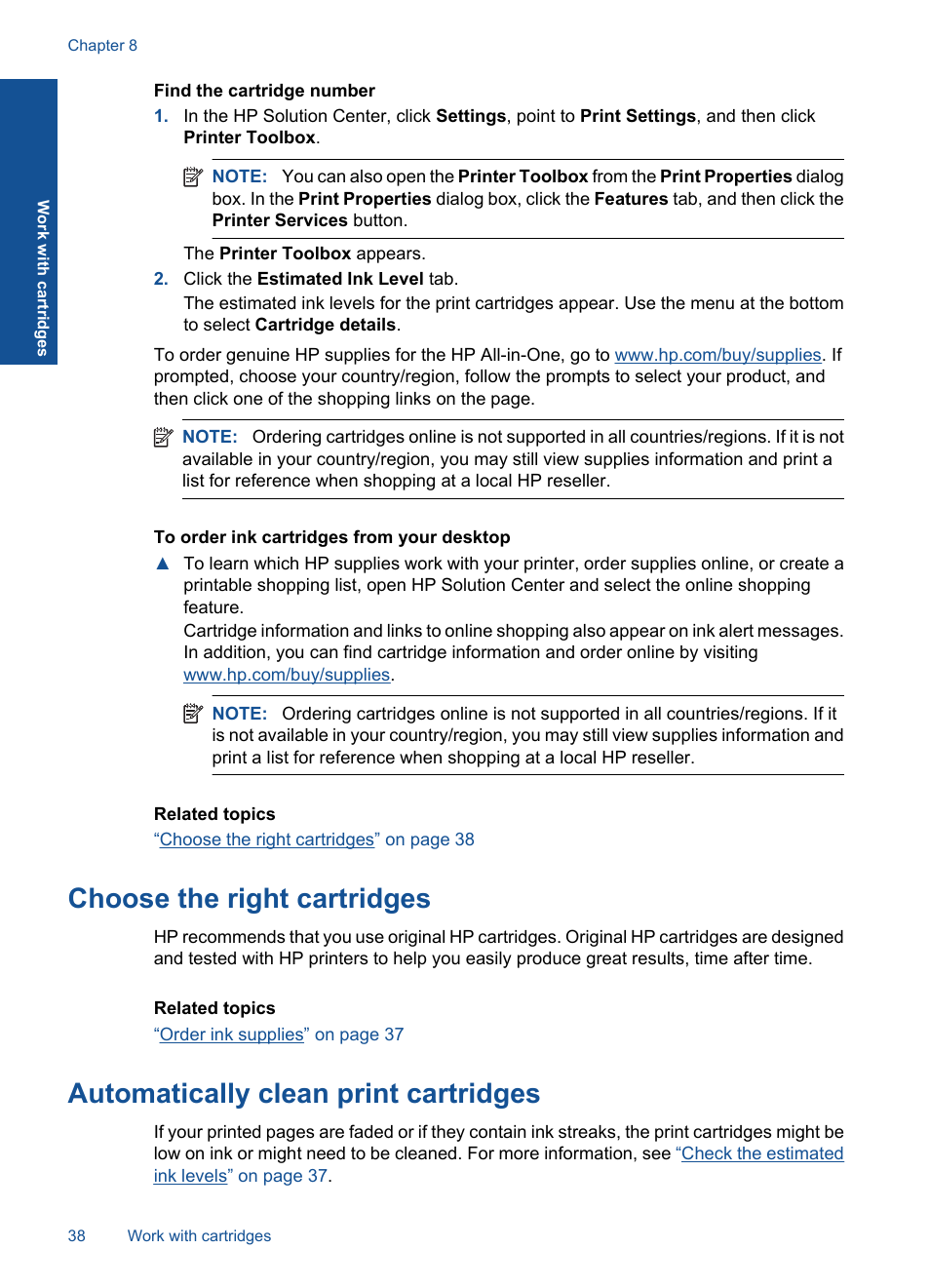 Automatically clean print cartridges, Choose the right cartridges | HP Deskjet F4580 All-in-One Printer User Manual | Page 41 / 77