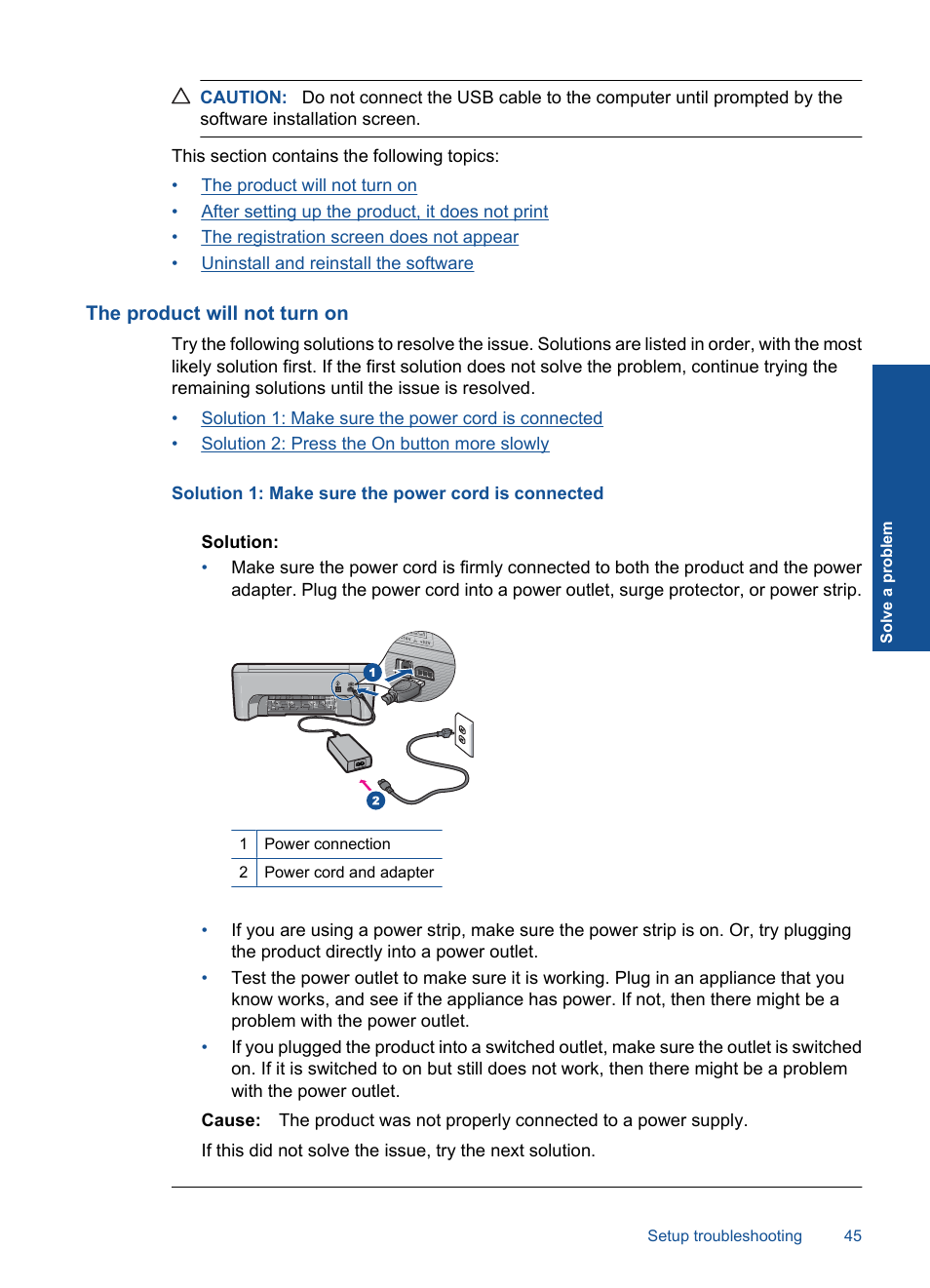 The product will not turn on | HP Deskjet F4580 All-in-One Printer User Manual | Page 48 / 77