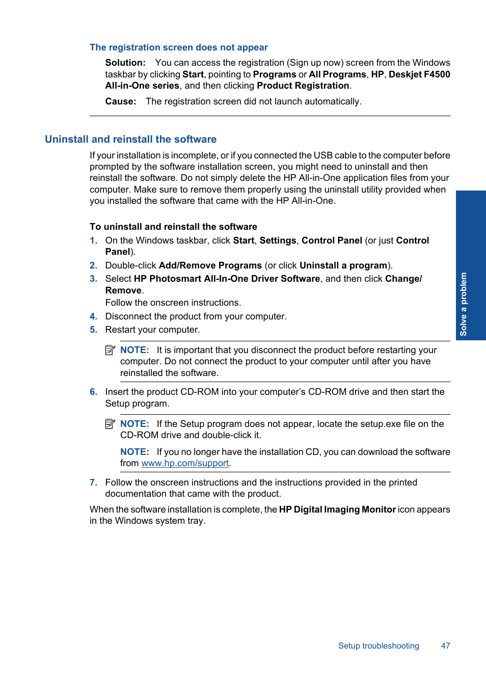 Uninstall and reinstall the software, The registration screen does not appear | HP Deskjet F4580 All-in-One Printer User Manual | Page 50 / 77