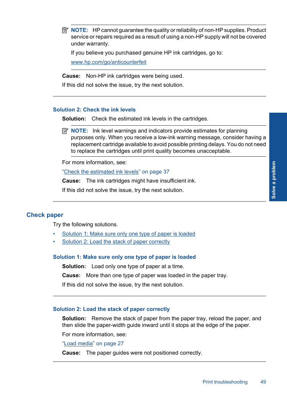 Check paper, Solution 2: check the ink levels | HP Deskjet F4580 All-in-One Printer User Manual | Page 52 / 77