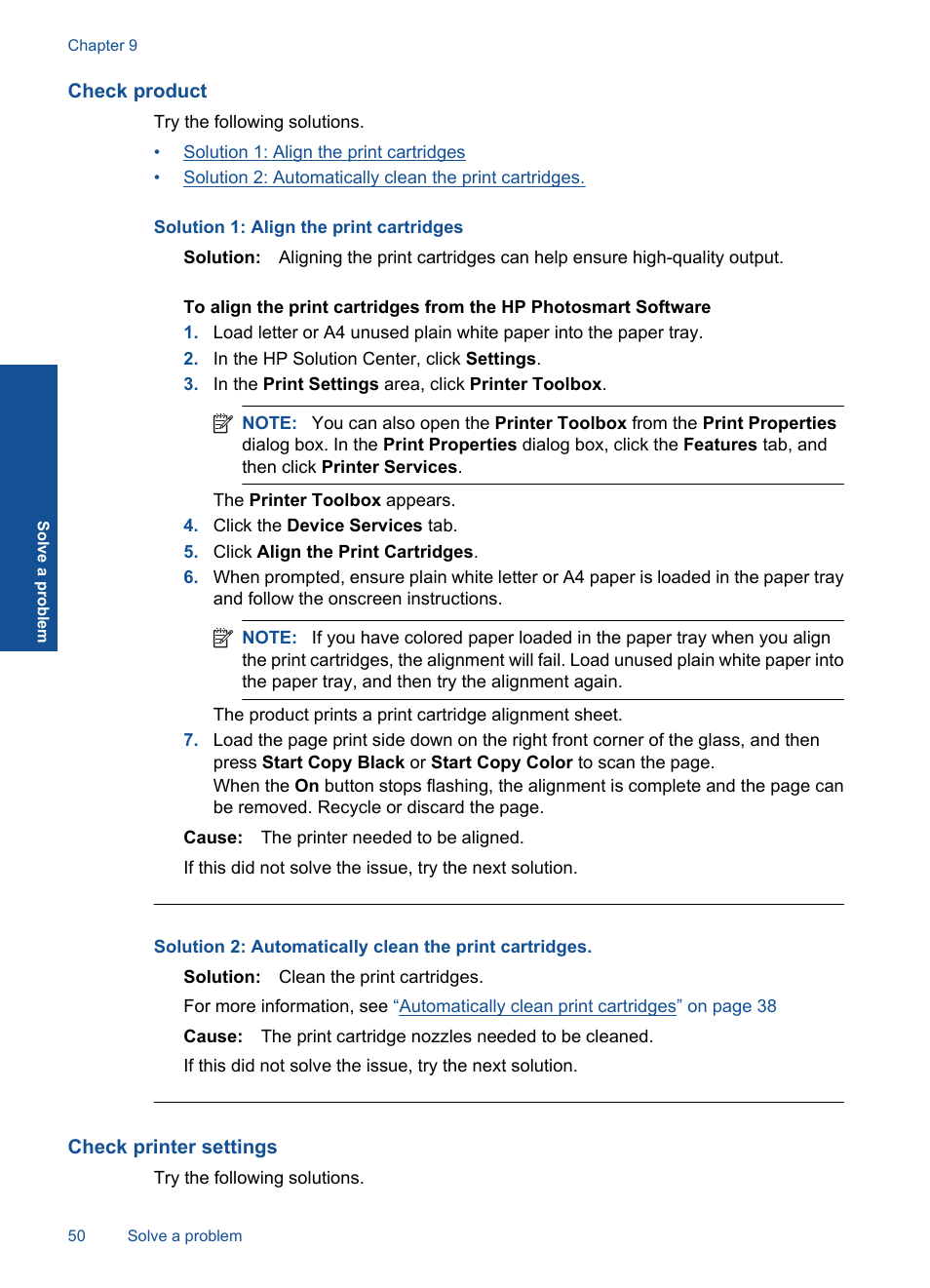 Check product, Check printer settings | HP Deskjet F4580 All-in-One Printer User Manual | Page 53 / 77