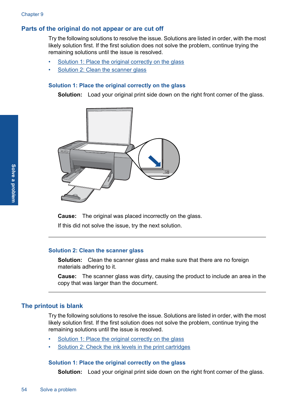 Parts of the original do not appear or are cut off, The printout is blank | HP Deskjet F4580 All-in-One Printer User Manual | Page 57 / 77