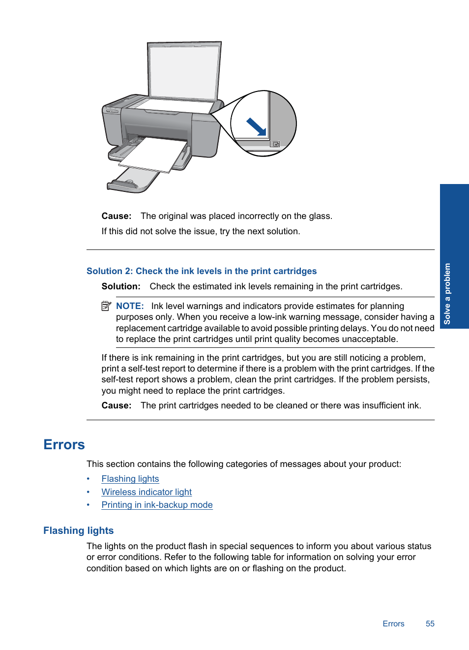 Errors, Flashing lights | HP Deskjet F4580 All-in-One Printer User Manual | Page 58 / 77