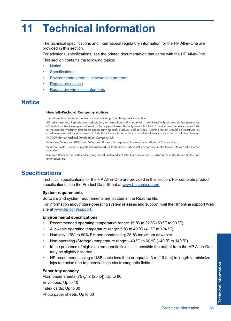 Technical information, Notice, Specifications | 11 technical information, Notice specifications | HP Deskjet F4580 All-in-One Printer User Manual | Page 64 / 77