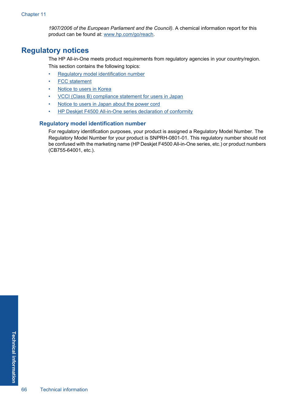 Regulatory notices, Regulatory model identification number | HP Deskjet F4580 All-in-One Printer User Manual | Page 69 / 77