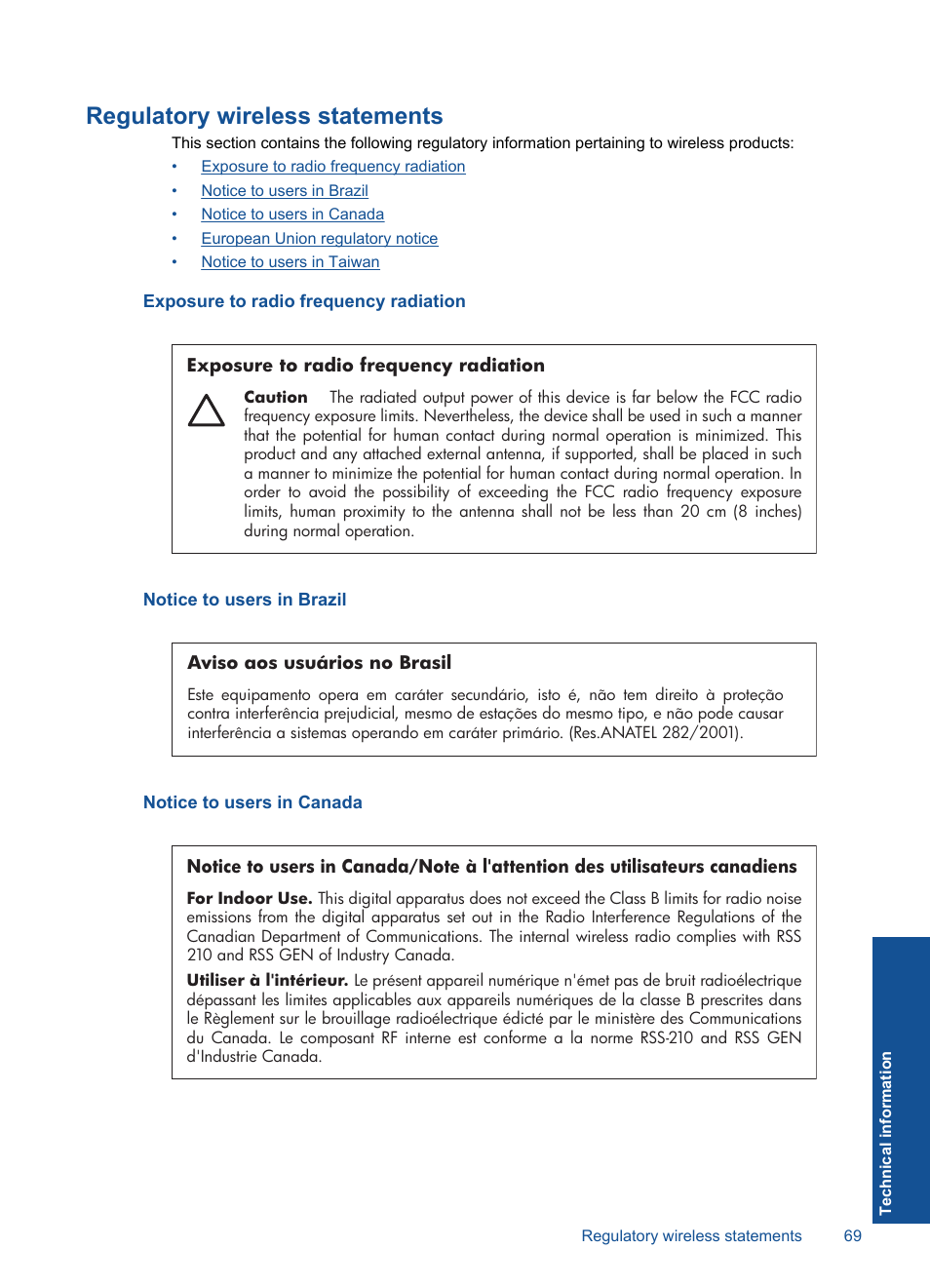 Regulatory wireless statements, Exposure to radio frequency radiation, Notice to users in brazil | Notice to users in canada | HP Deskjet F4580 All-in-One Printer User Manual | Page 72 / 77
