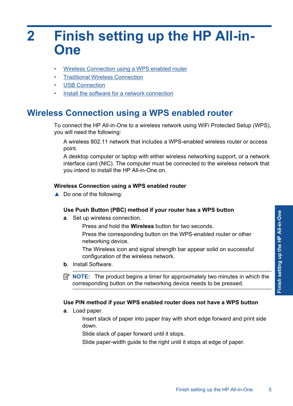 Finish setting up the hp all-in-one, Wireless connection using a wps enabled router, 2 finish setting up the hp all-in-one | 2finish setting up the hp all-in- one | HP Deskjet F4580 All-in-One Printer User Manual | Page 8 / 77