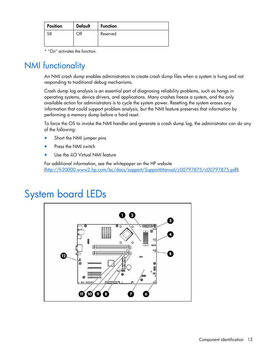 Nmi functionality, System board leds | HP ProLiant ML310 G5 Server User Manual | Page 13 / 99