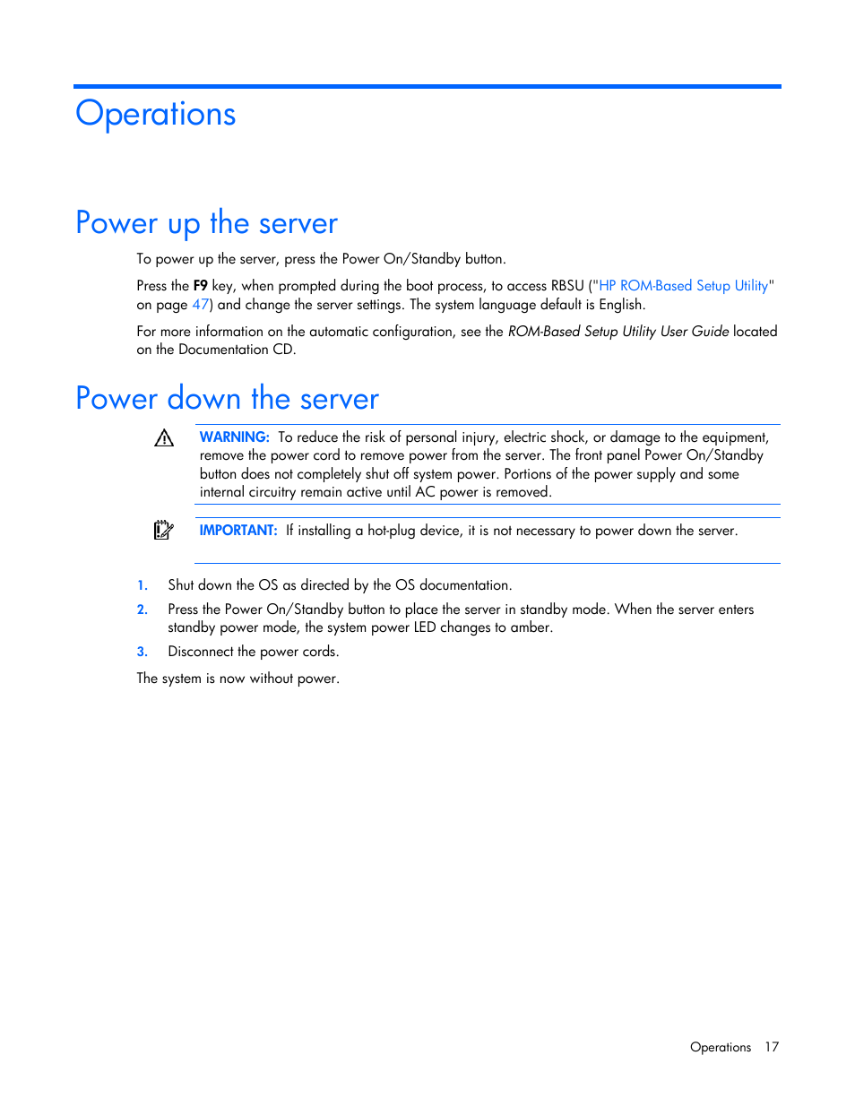 Operations, Power up the server, Power down the server | HP ProLiant ML310 G5 Server User Manual | Page 17 / 99