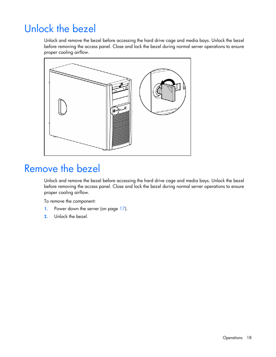 Unlock the bezel, Remove the bezel | HP ProLiant ML310 G5 Server User Manual | Page 18 / 99