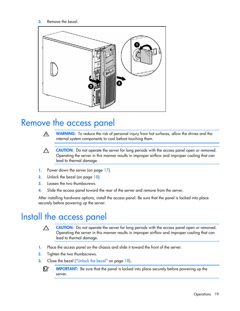 Remove the access panel, Install the access panel | HP ProLiant ML310 G5 Server User Manual | Page 19 / 99